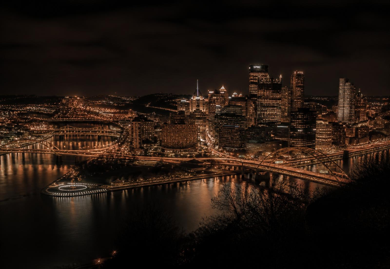 Pittsburgh skyline at dusk seen from Mount Washington